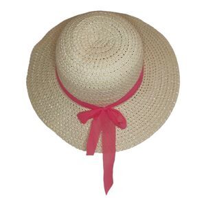 Women Summer Straw Sun Hat 13.5" Travel Beach UV Protection Wide Brim Bow Tan